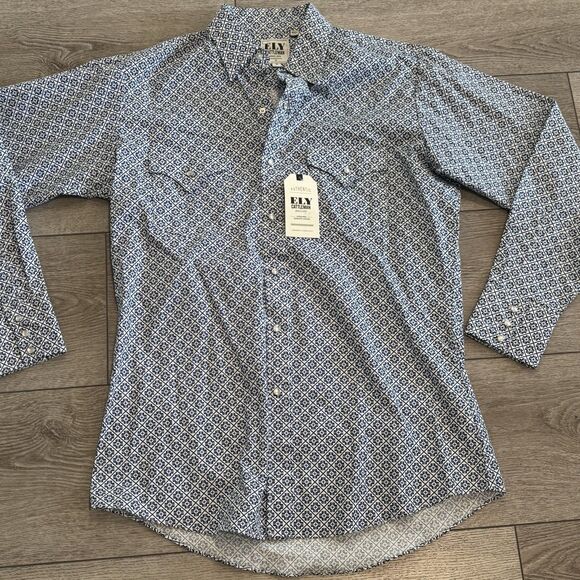 Ely Cattleman Shirt Mens Medium Blue Pattern Pearl Snap Western Cowboy Rodeo - Picture 2 of 6